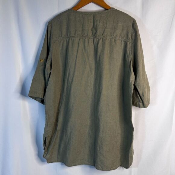 Ellen Tracy Scoop Neck Gold 1/4 Zip 3/4 Sleeve 100% Linen Side Slit Blouse LG - Picture 2 of 10